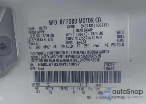 2022 Ford Transit Connect Xl из США, поврежденный, VIN NM0LE7S2XN1510697